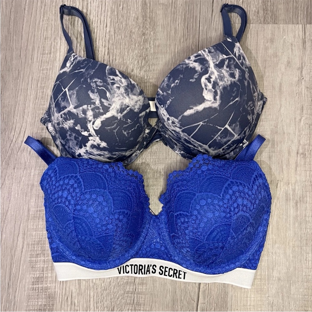 Victoria's Secret Blue Lace and Marble Print Bra Set